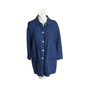 Chelsea Cambell Women Blue 3/4 Sleeve Button-Down Shirt Jacket Boxy Lagenlook 10